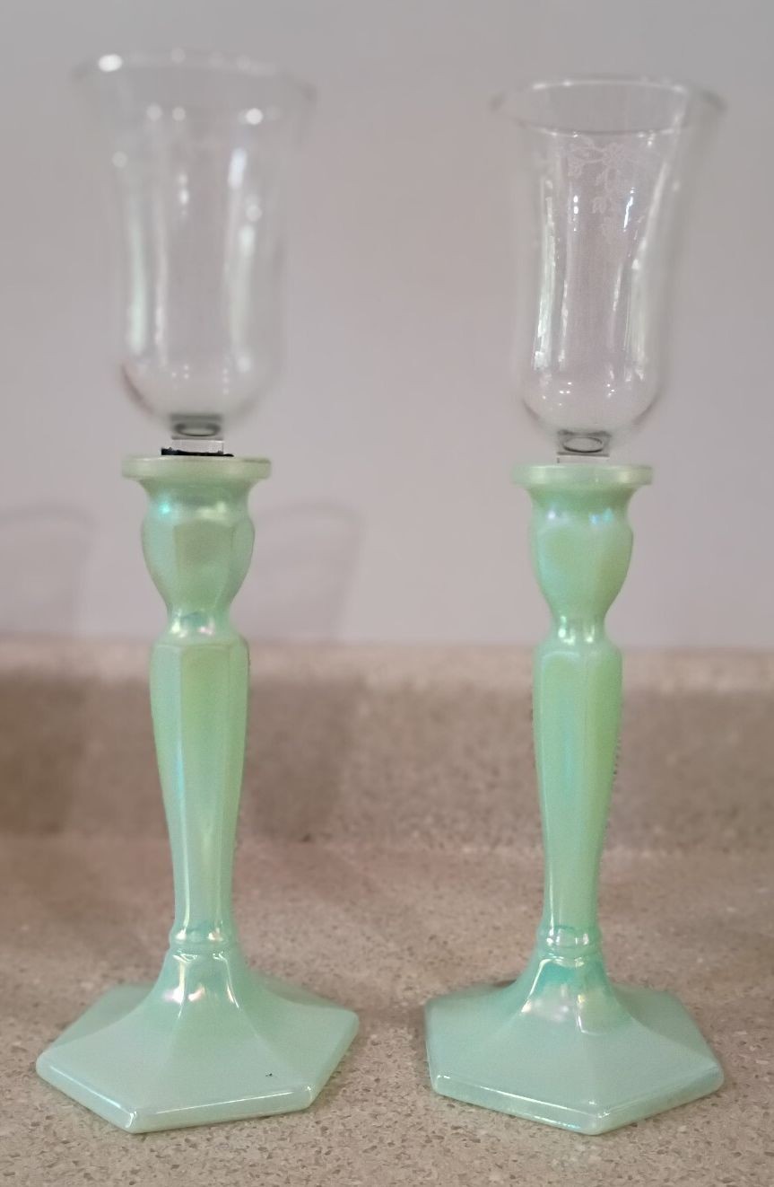 VTG Mosser Jade Green Candleholders Fenton USA Pair Opalescent Glass