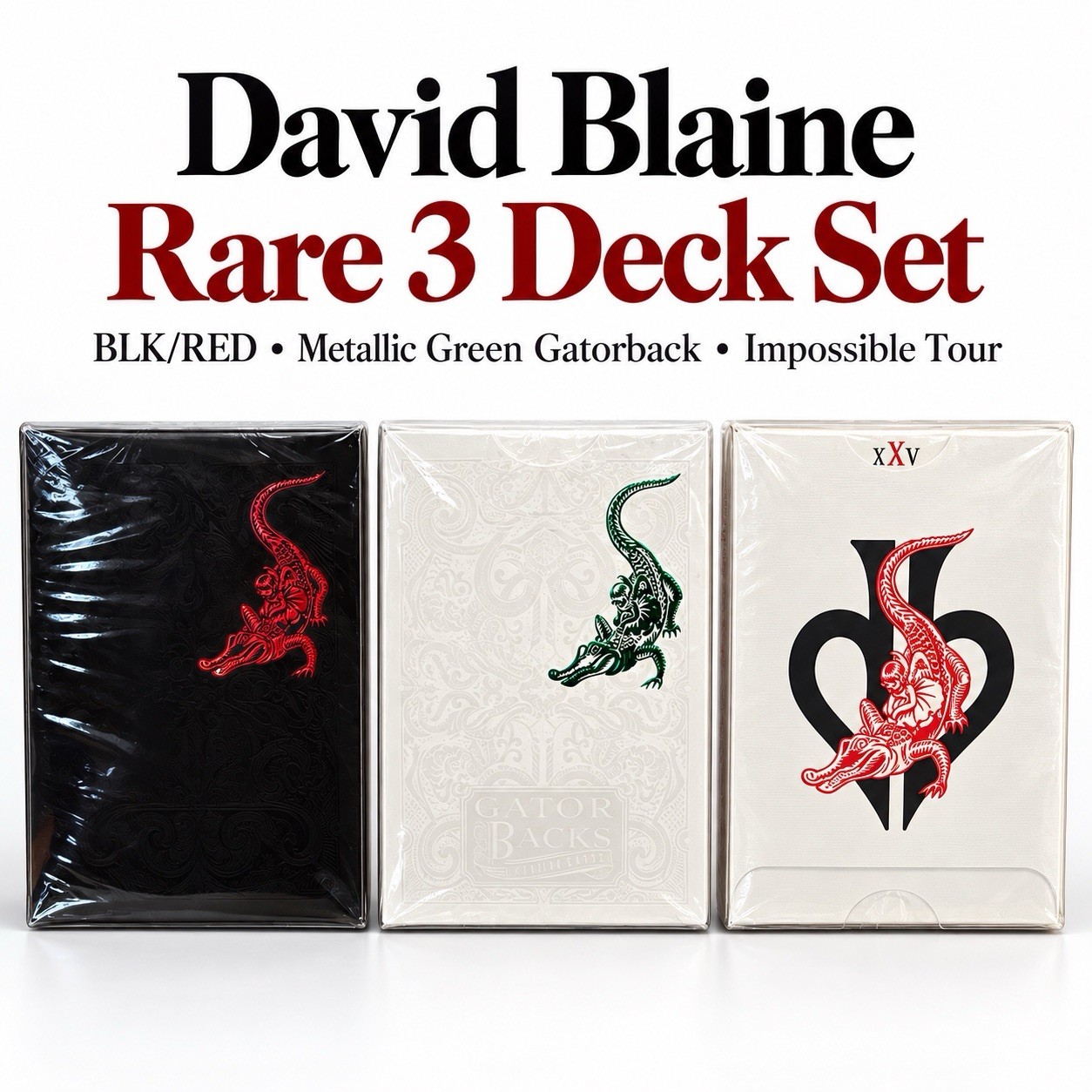 David Blaine Rare 3 Deck Set BLK RED Green Metallic Gatorback Impossible Tour