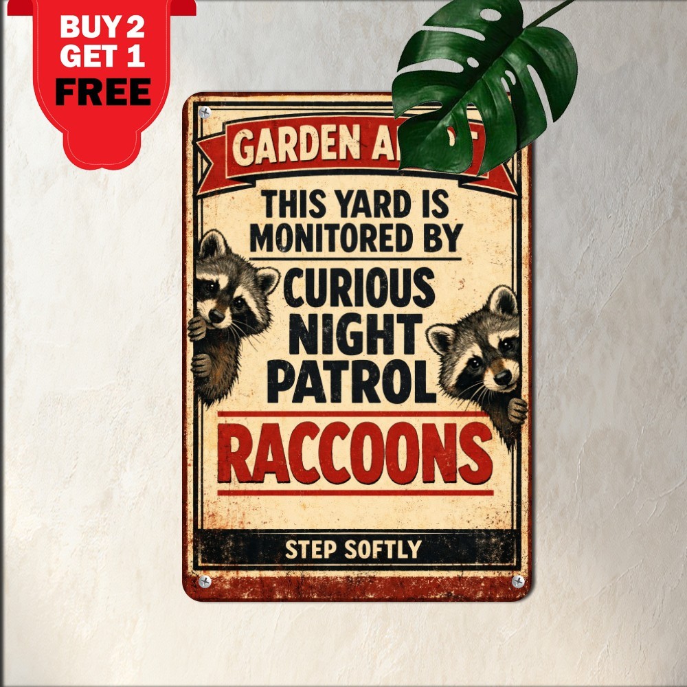 Humorous Garden Alert Raccoon Feeding Warning Plaque Vintage Metal Tin Sign Humorous Garden Alert Raccoon Feeding Warning Plaque Vintage Metal Tin Sign