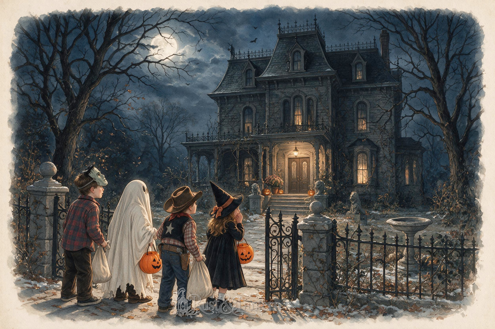 "Scary Mansion" - Halloween Postcard 4x6 Art Rust & Lantern Original "Scary Mansion" - Halloween Postcard 4x6 Art Rust & Lantern Original
