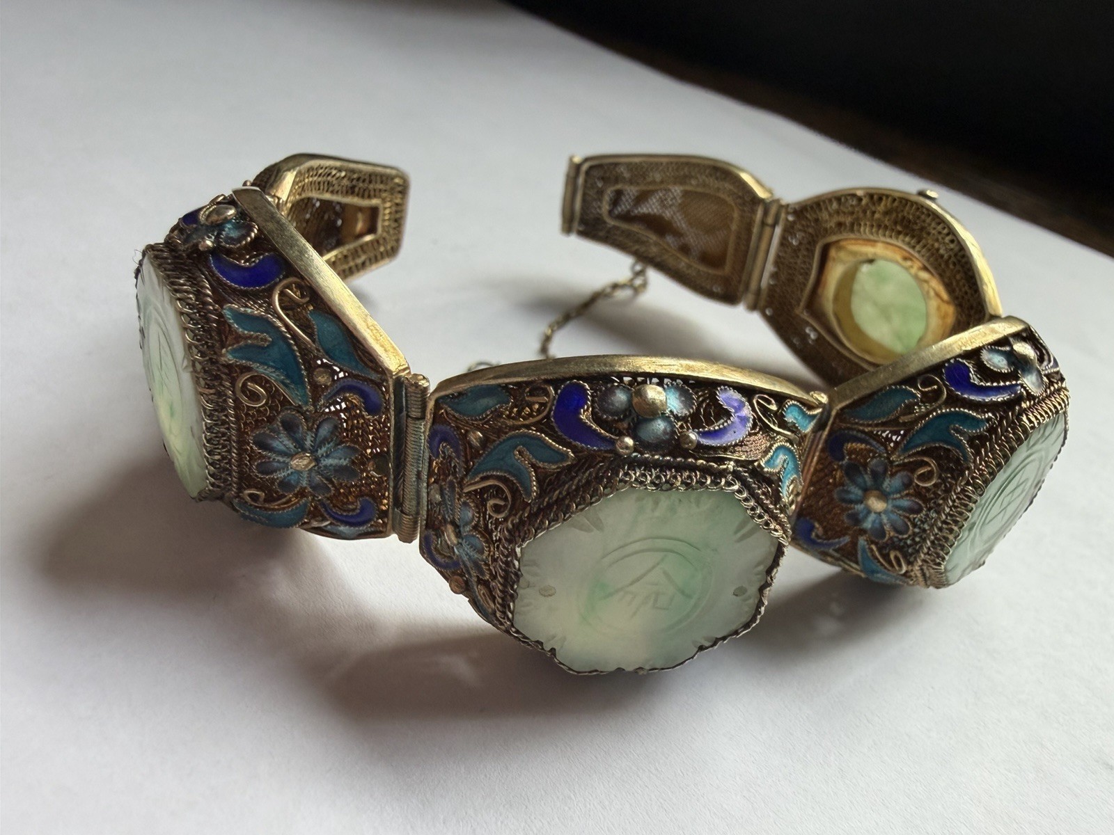 VNTG China Cloisonné Enamel Silver Gilt Filigree Jade Panel Bracelet REPAIR READ VNTG China Cloisonné Enamel Silver Gilt Filigree Jade Panel Bracelet REPAIR READ