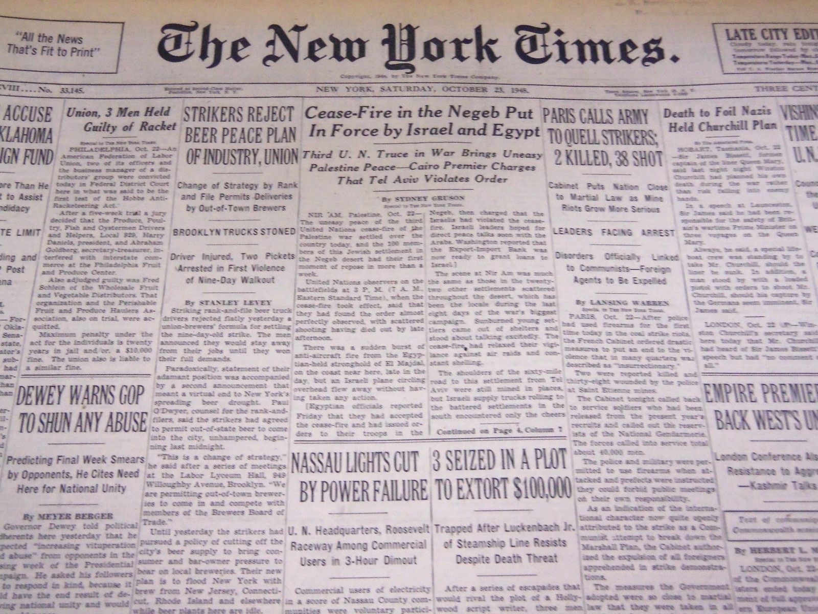 1948 OCTOBER 23 NEW YORK TIMES - CEASE FIRE IN THE NEGEB - NT 3388 1948 OCTOBER 23 NEW YORK TIMES - CEASE FIRE IN THE NEGEB - NT 3388