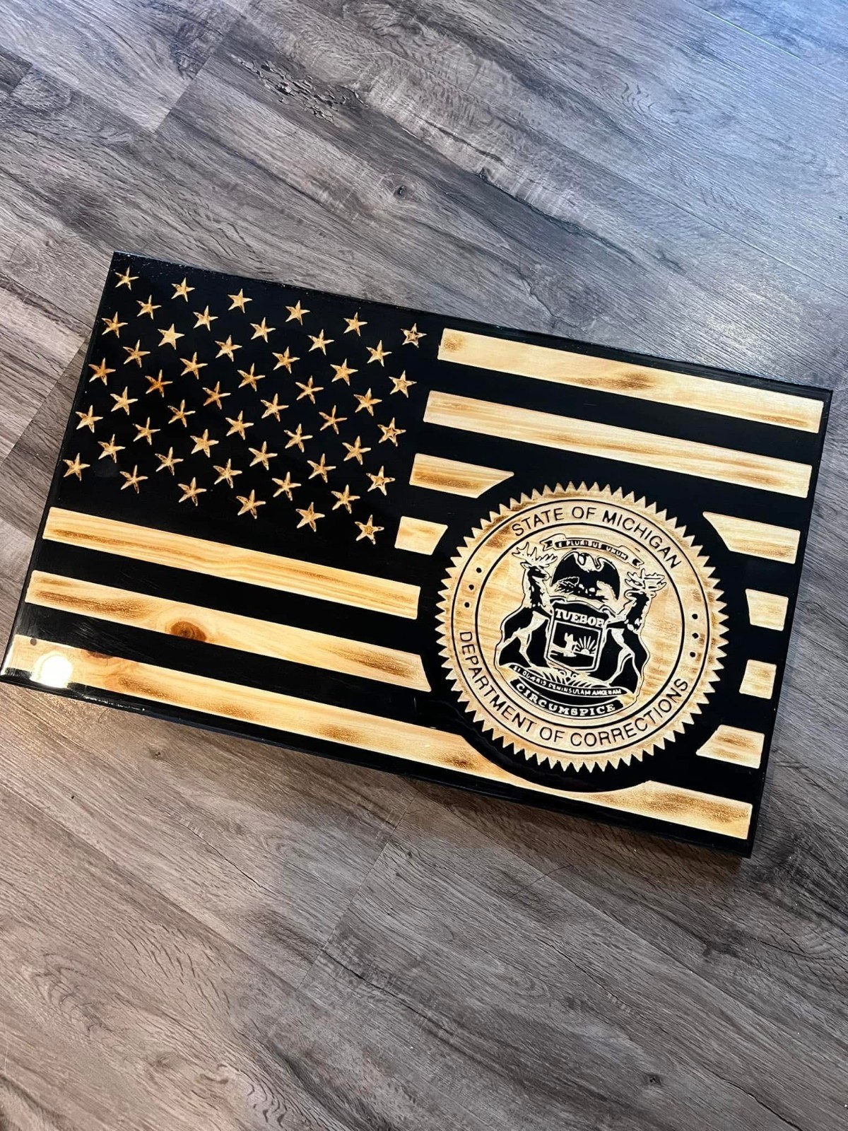 Mi. Dept. of Corrections American Flag 24" X 16" CNC Machined Rustic Wooden