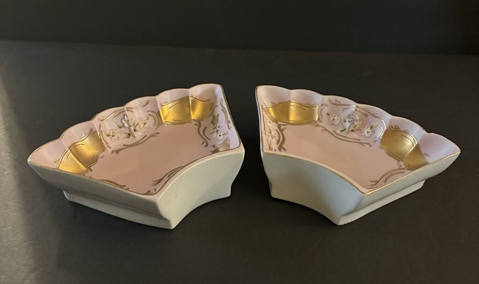 Vtg Lenwile Ardalt Pink Gold Fan Crescent Trinket Dishes Japan Moriage PRISTINE Vtg Lenwile Ardalt Pink Gold Fan Crescent Trinket Dishes Japan Moriage PRISTINE