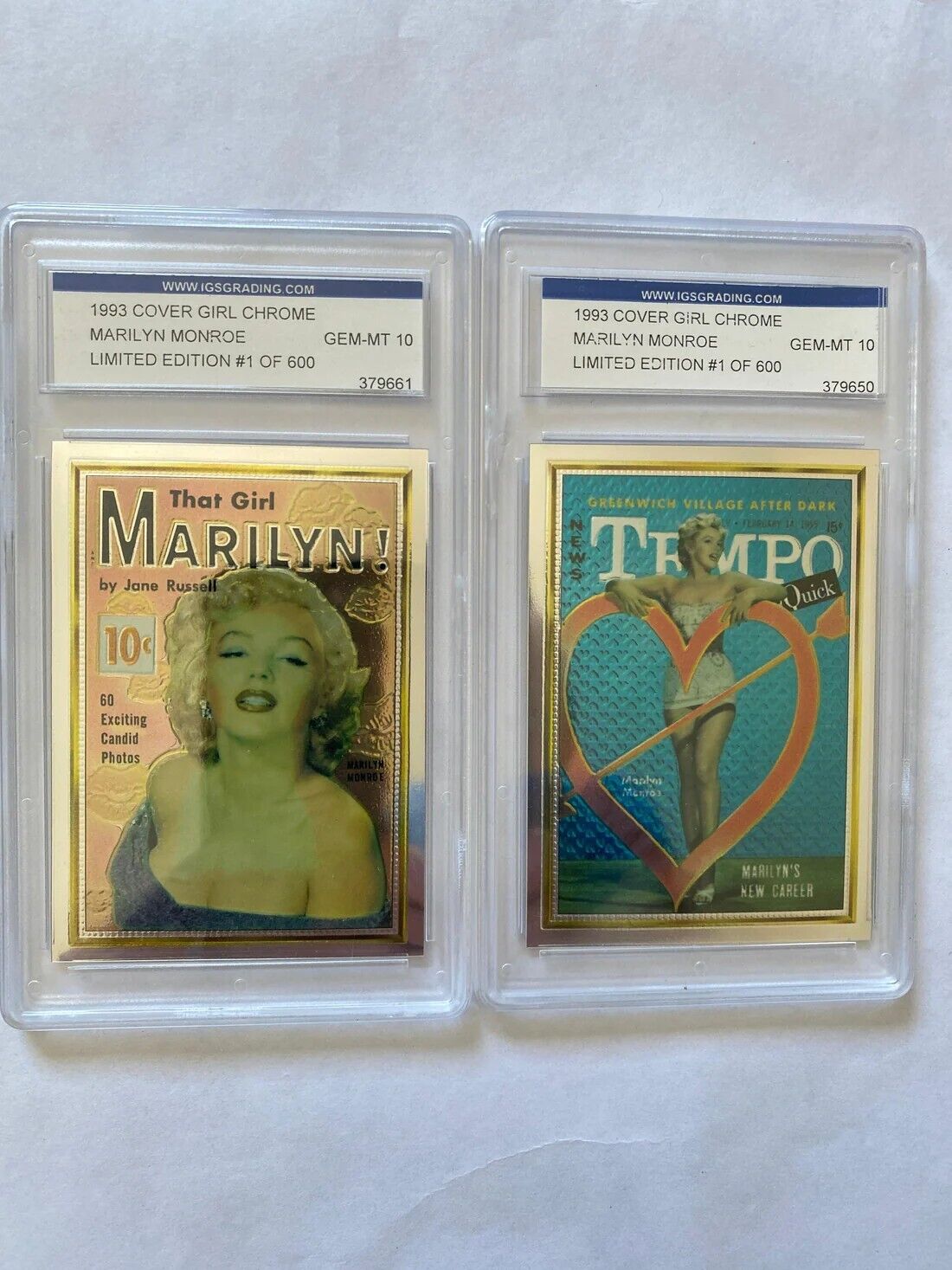 (8) Rare limited edition Marilyn Monroe Graded chrome metal cards.