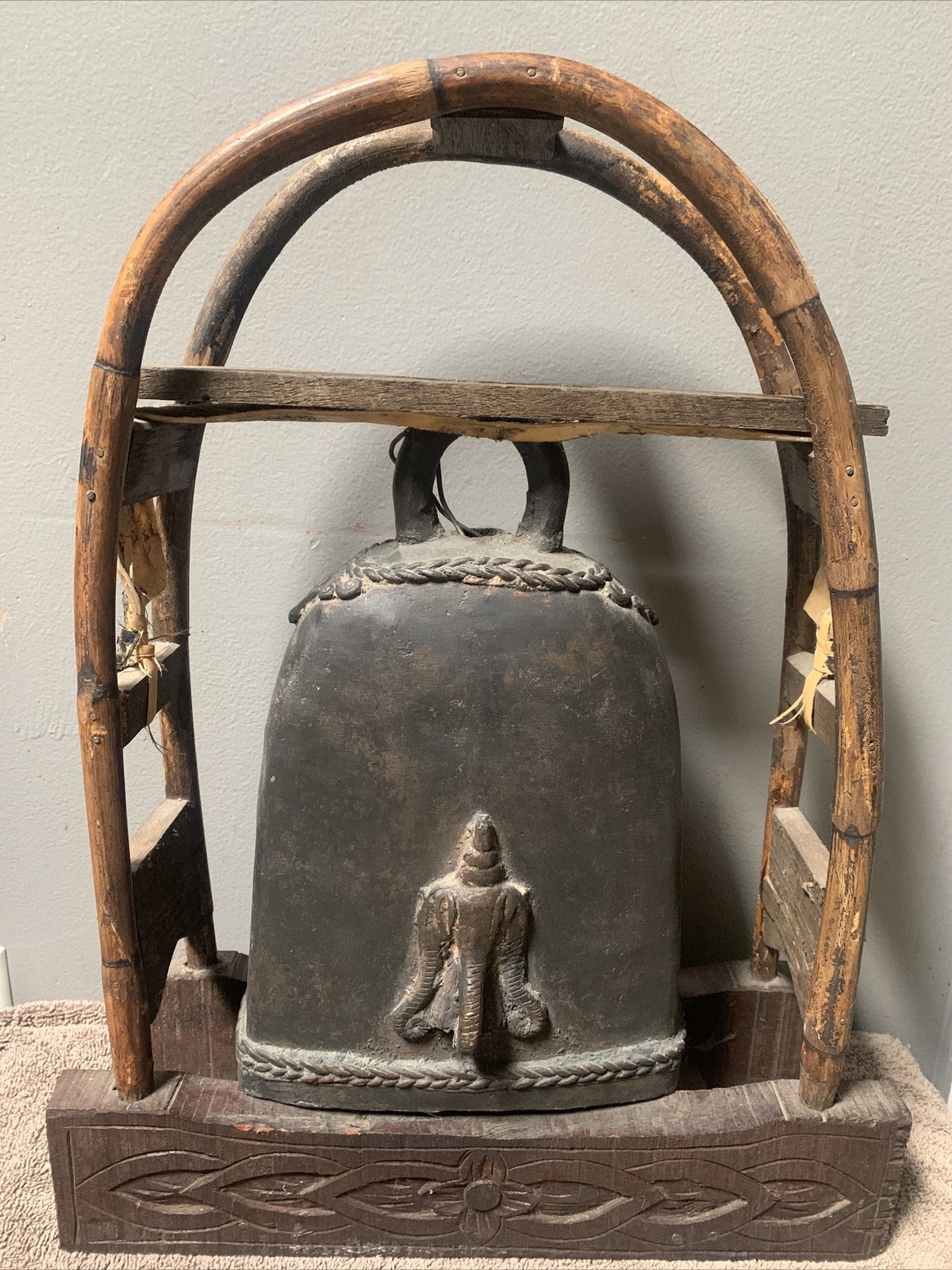 Antique Vintage Bronze Elephant Bell KAREN HILL TRIBE Wicker Rattan stand Antique Vintage Bronze Elephant Bell KAREN HILL TRIBE Wicker Rattan stand