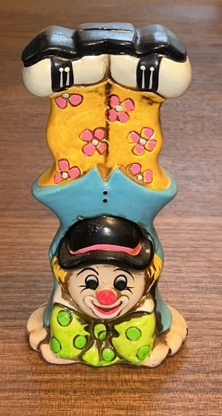 vintage 1966 ceramic Happy & Sad clown Two Sided Piggy bank OSL Japan 8" x 4" vintage 1966 ceramic Happy & Sad clown Two Sided Piggy bank OSL Japan 8" x 4"