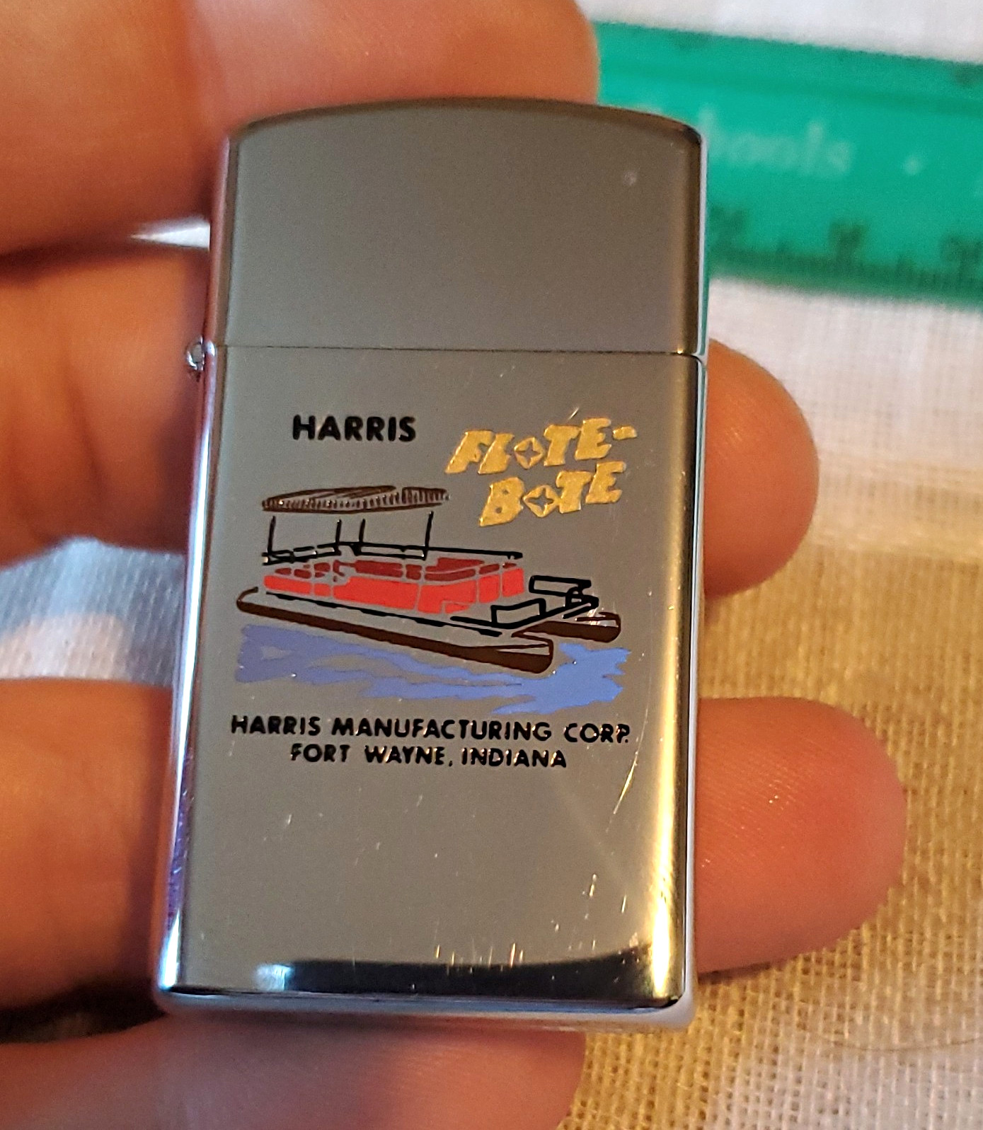 Zippo Harris Flote-Bote Advertising Lighter Harris Manufacturing Corp Fort Wayne Zippo Harris Flote-Bote Advertising Lighter Harris Manufacturing Corp Fort Wayne