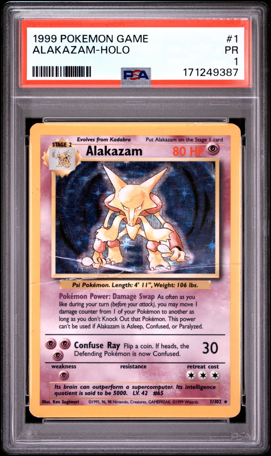 1999 Pokemon Base Set WOTC TCG Alakazam Holo #1 1/102 PSA 1 1999 Pokemon Base Set WOTC TCG Alakazam Holo #1 1/102 PSA 1