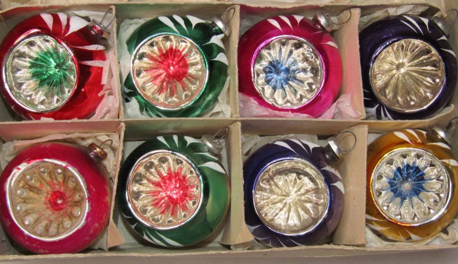 Lot Vintage Glass Feather Tree 45mm Indent Embossed FLOWER BALL Ornaments Japan
