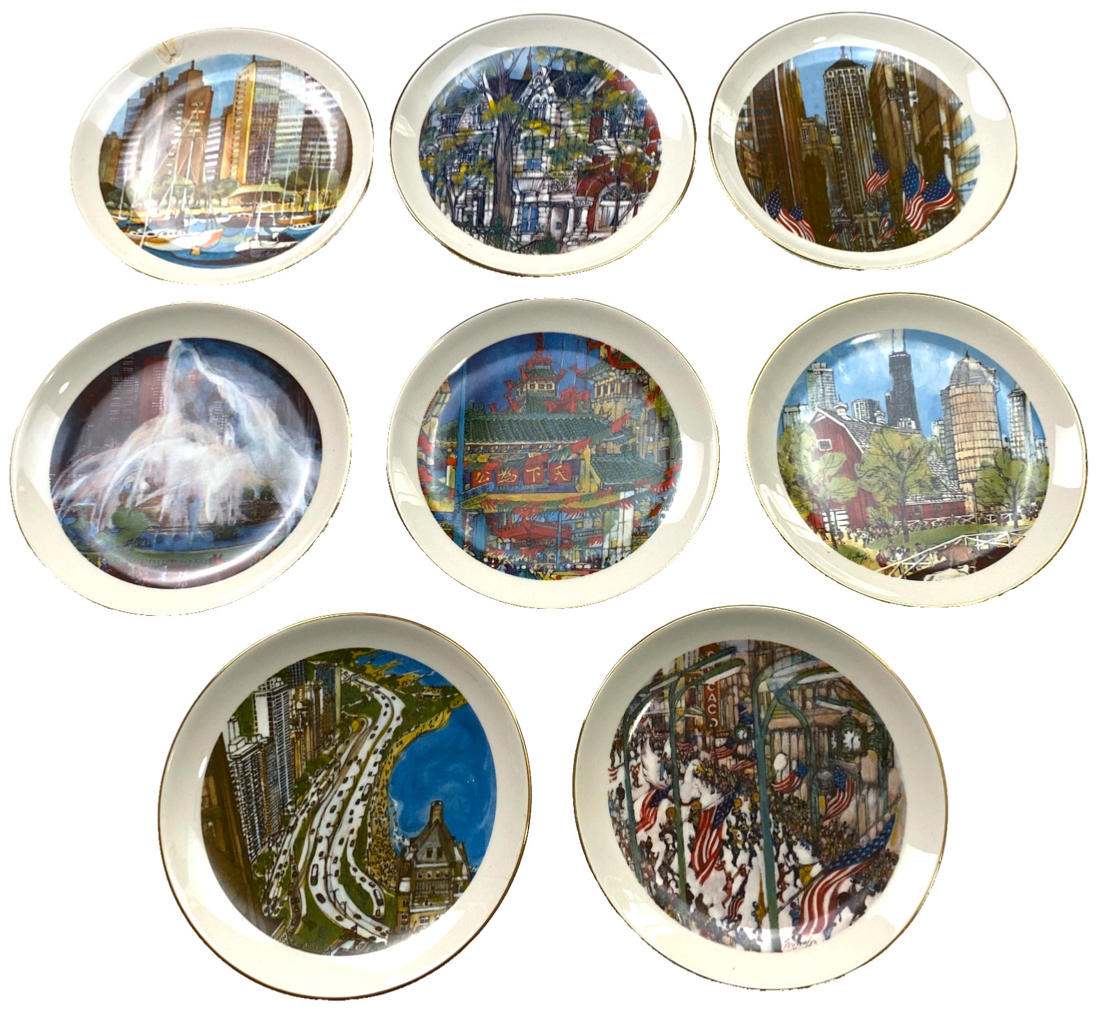 Set of 8 Franklin McMahon Limited Edition Chicago 8" Collector Plates 1970s USA Set of 8 Franklin McMahon Limited Edition Chicago 8" Collector Plates 1970s USA