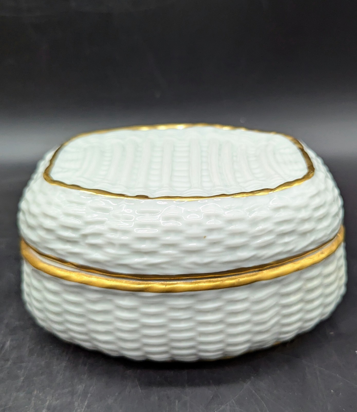 Vintage Limoges Porcelain Basketweave Trinket Dresser Box While 5.25" Lidded Vintage Limoges Porcelain Basketweave Trinket Dresser Box While 5.25" Lidded