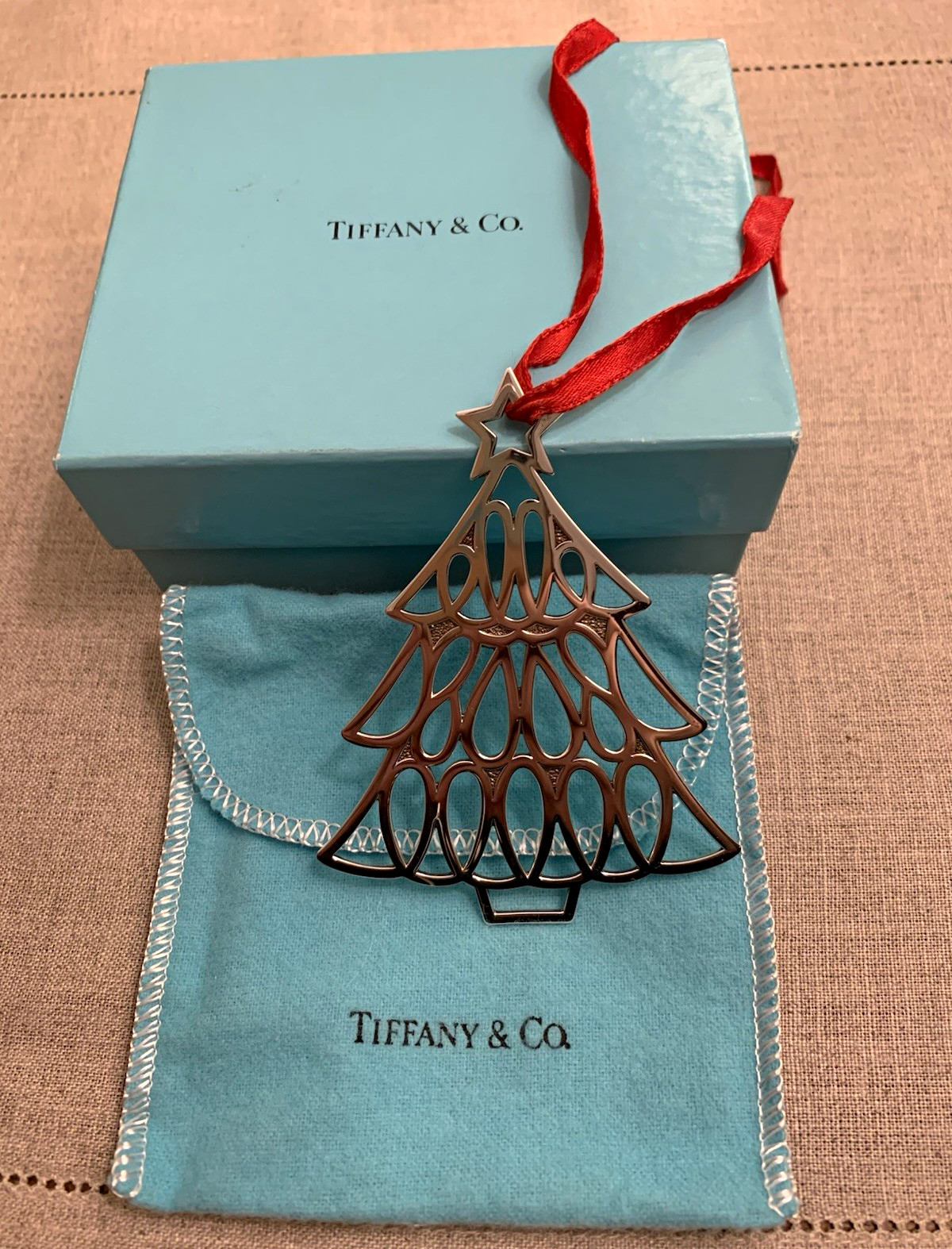 Tiffany & Co. 1998 925 Sterling Silver Christmas Tree Ornament w/ Box, Pouch