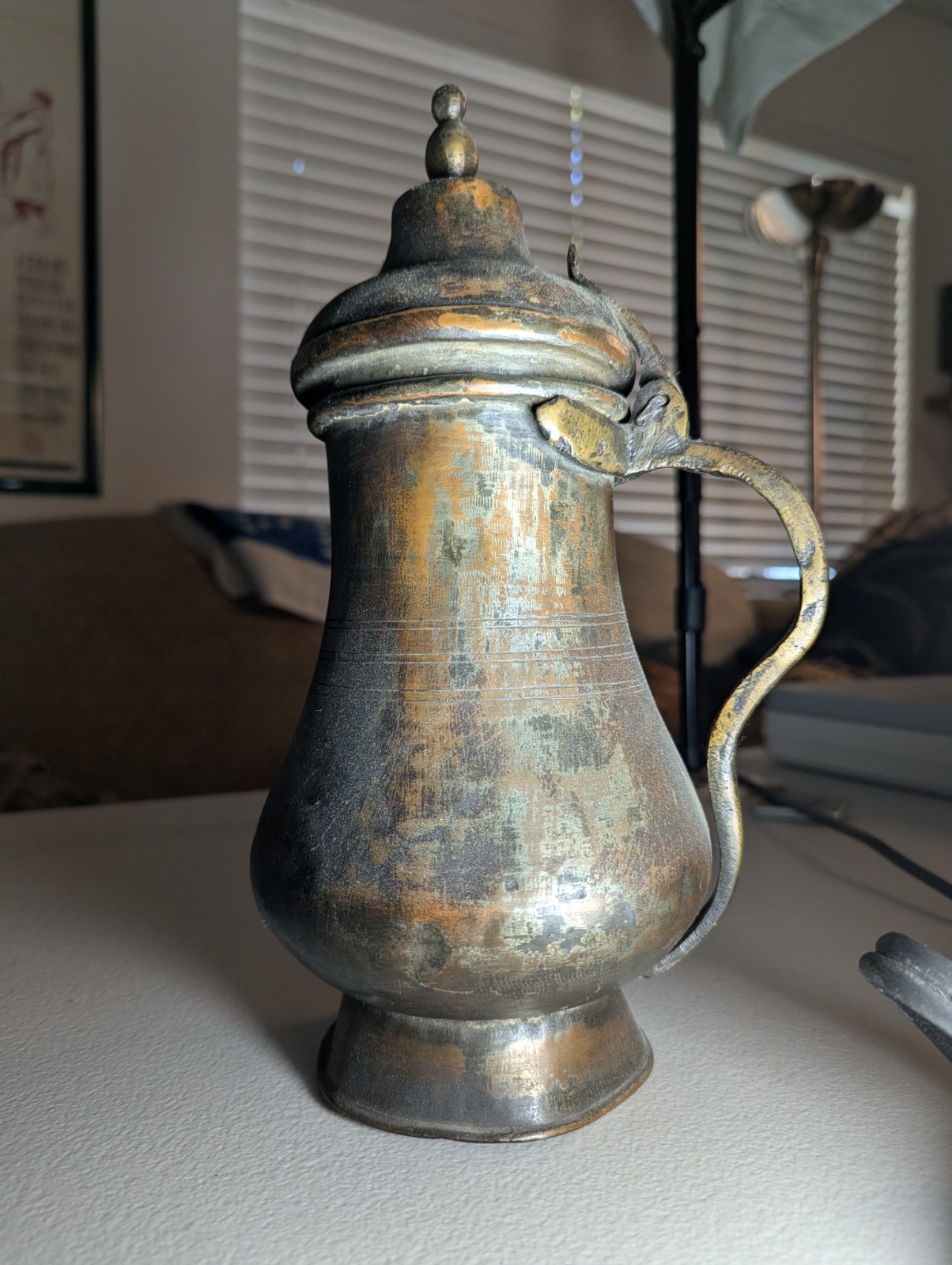 Antique c.1900 Lidded Brass Pitcher Hand-Finished Copper Alloy Vessel Antique c.1900 Lidded Brass Pitcher Hand-Finished Copper Alloy Vessel