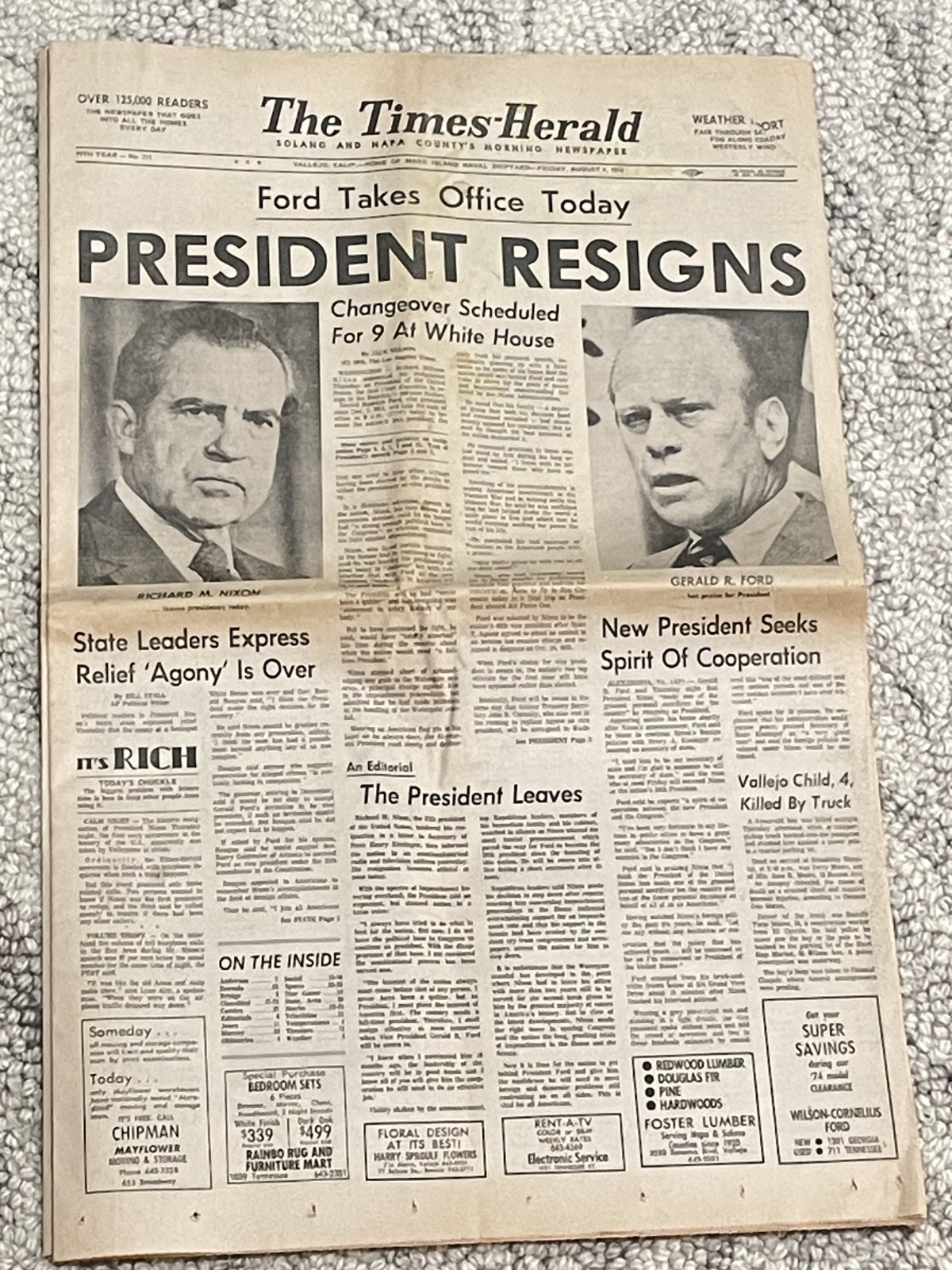 Vintage Original August 9 1974 Times-Herald Newspaper Section (14 Pages) Nixon R Vintage Original August 9 1974 Times-Herald Newspaper Section (14 Pages) Nixon R