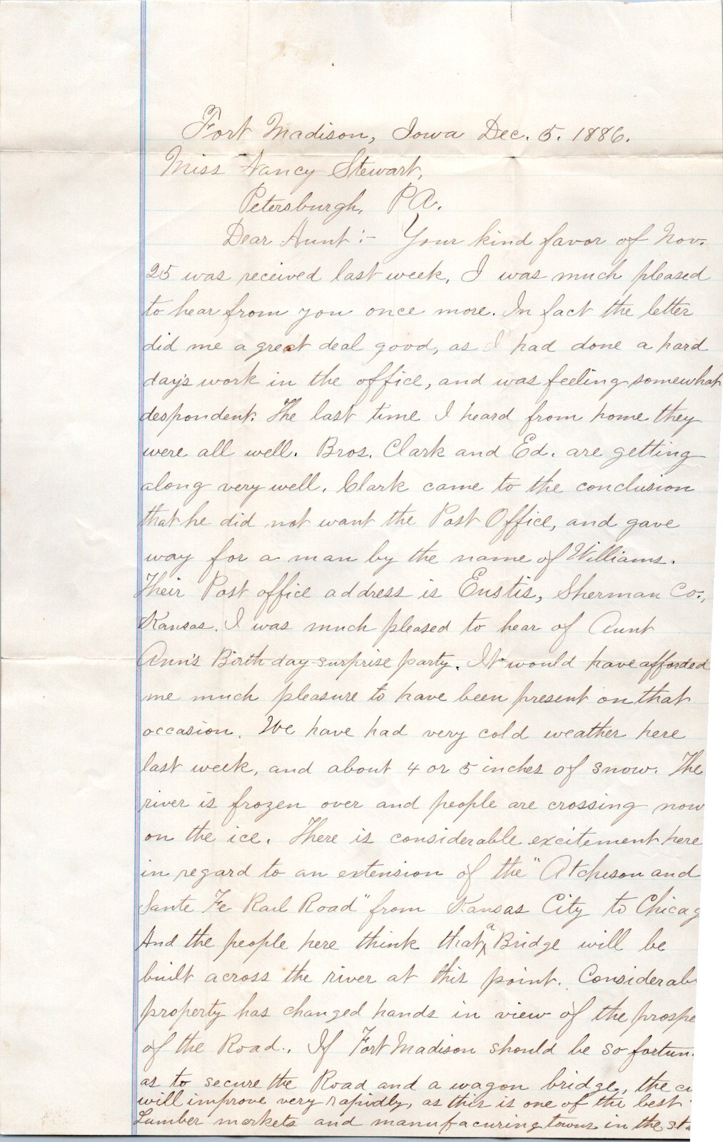 1886 Handwritten letter Fort Madison Iowa John S Stewart to Nancy Petersbugh PA
