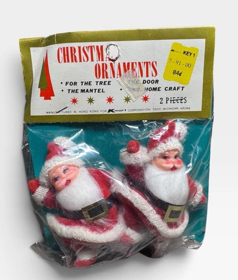 Vintage 1970s Kmart Santa Christmas Ornaments 2 Pc Hong Kong Original Package Vintage 1970s Kmart Santa Christmas Ornaments 2 Pc Hong Kong Original Package