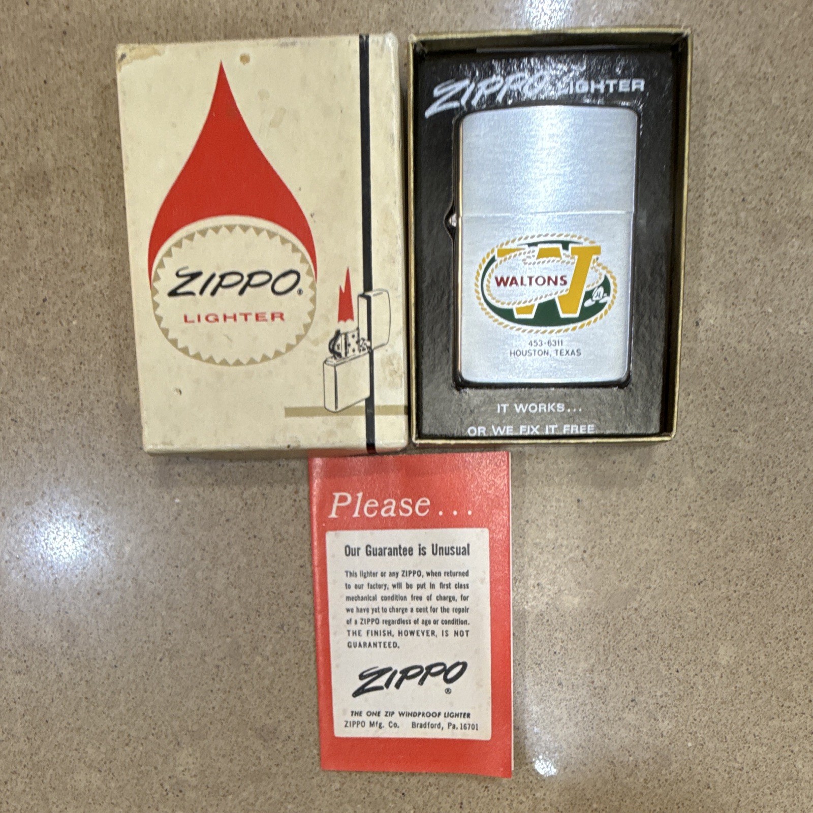 Vintage 1969 Zippo Slim Lighter Walton’s Houston TX Advertising w/ Box & Papers Vintage 1969 Zippo Slim Lighter Walton’s Houston TX Advertising w/ Box & Papers
