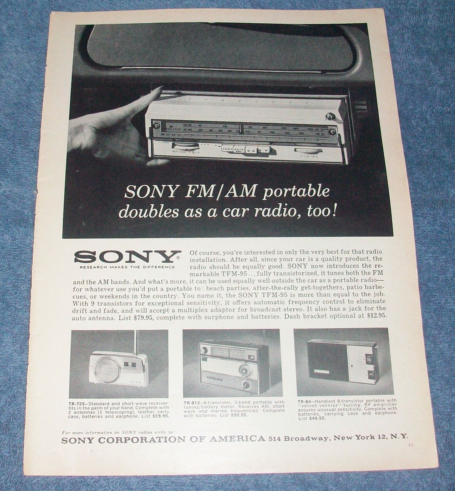 1962 Sony AM/FM Portable Car Radio TFM-95 Vintage Ad 1962 Sony AM/FM Portable Car Radio TFM-95 Vintage Ad