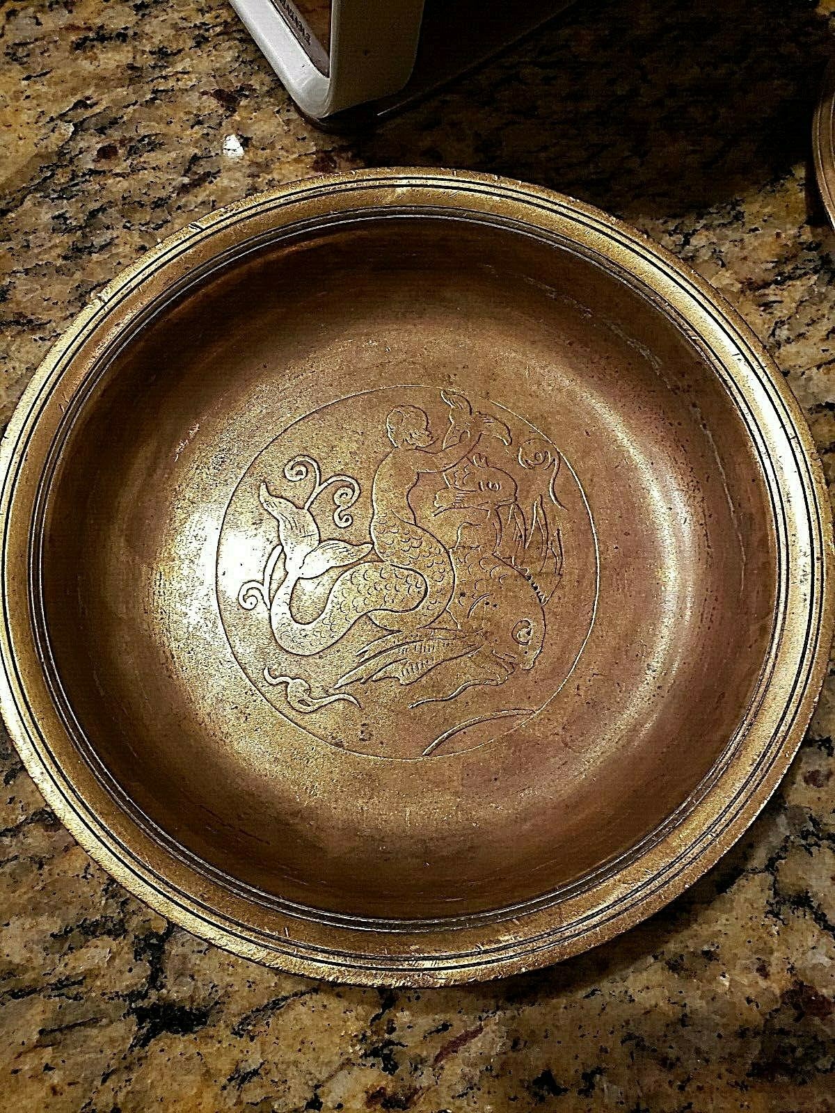 Just Andersen Bronze Bowl inlaid with Merman & Koi Fish #B96 Denmark 1920's Just Andersen Bronze Bowl inlaid with Merman & Koi Fish #B96 Denmark 1920's