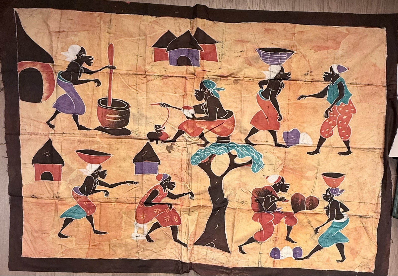 Vintage African Batik Wall Hanging Village Scene Textile Art 52” x 76”