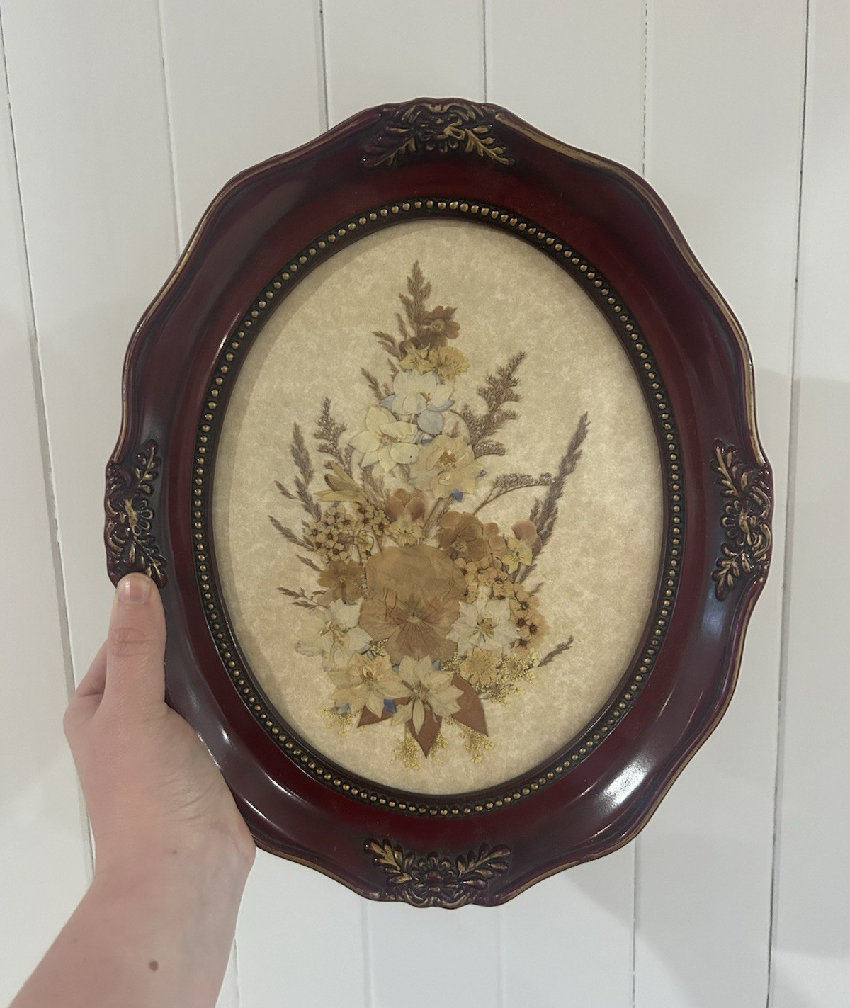 Vintage Framed Pressed Flower Art Ornate Oval Burgundy Gold Botanical Vintage Framed Pressed Flower Art Ornate Oval Burgundy Gold Botanical