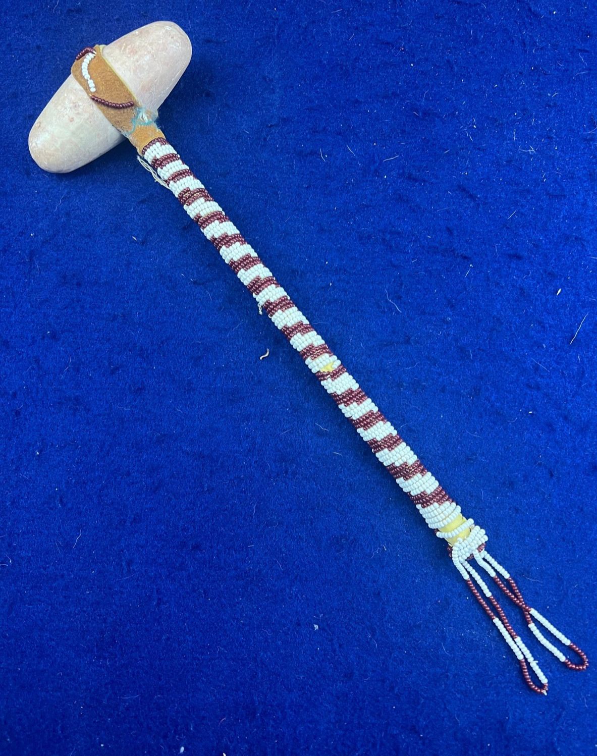 Small Native American Stone Head War Club Fully Beaded Reservation Period Small Native American Stone Head War Club Fully Beaded Reservation Period