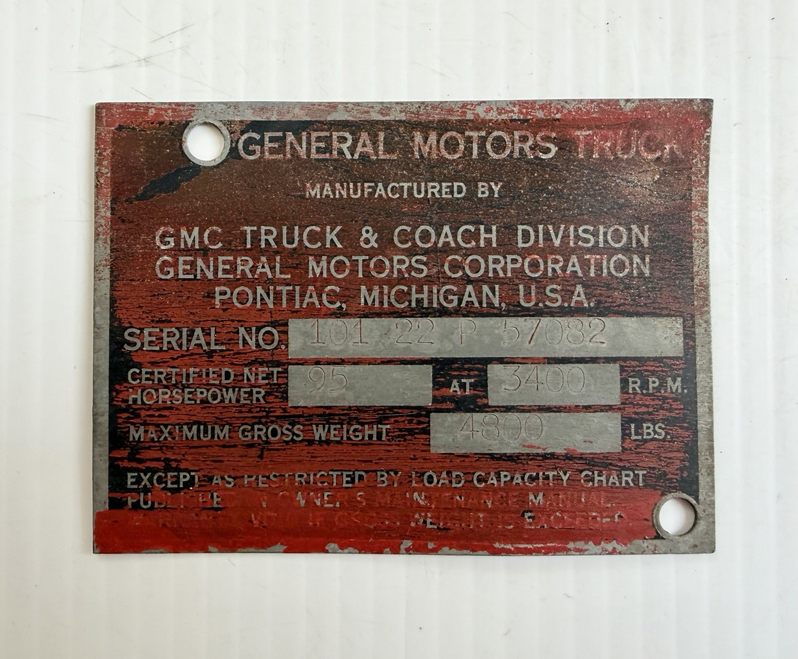 Vintage 1952 GMC Pickup Truck Serial Number Tag Plaque Plate, 95 Horsepower Vintage 1952 GMC Pickup Truck Serial Number Tag Plaque Plate, 95 Horsepower