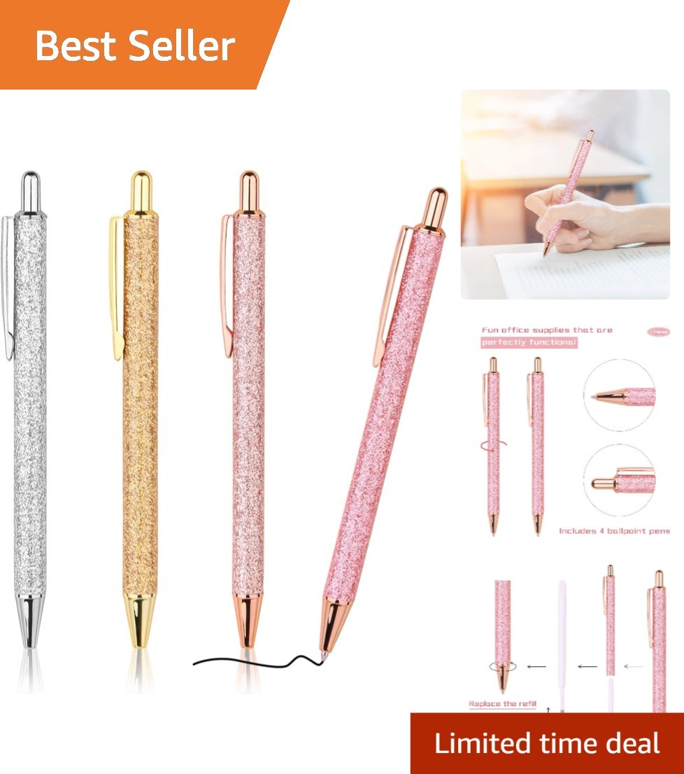 Bling Metallic Retractable Black Ink Pens - 4 Pack for Fashion-Forward Gifts Bling Metallic Retractable Black Ink Pens - 4 Pack for Fashion-Forward Gifts