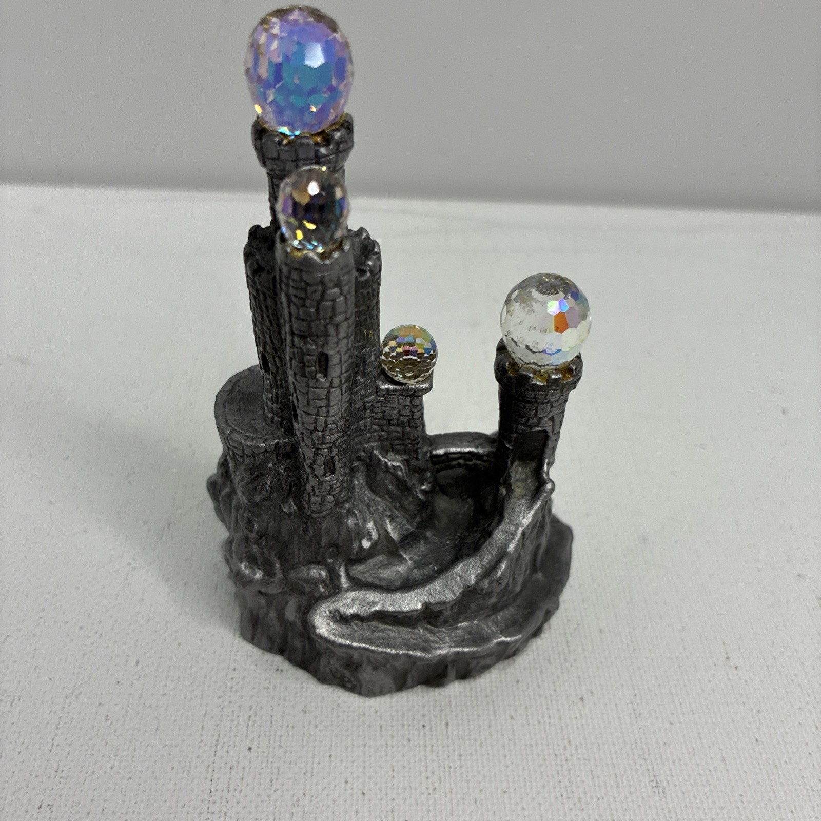 Vintage miniature fantasy castle figurine, solid fine pewter, crystal spheres Vintage miniature fantasy castle figurine, solid fine pewter, crystal spheres