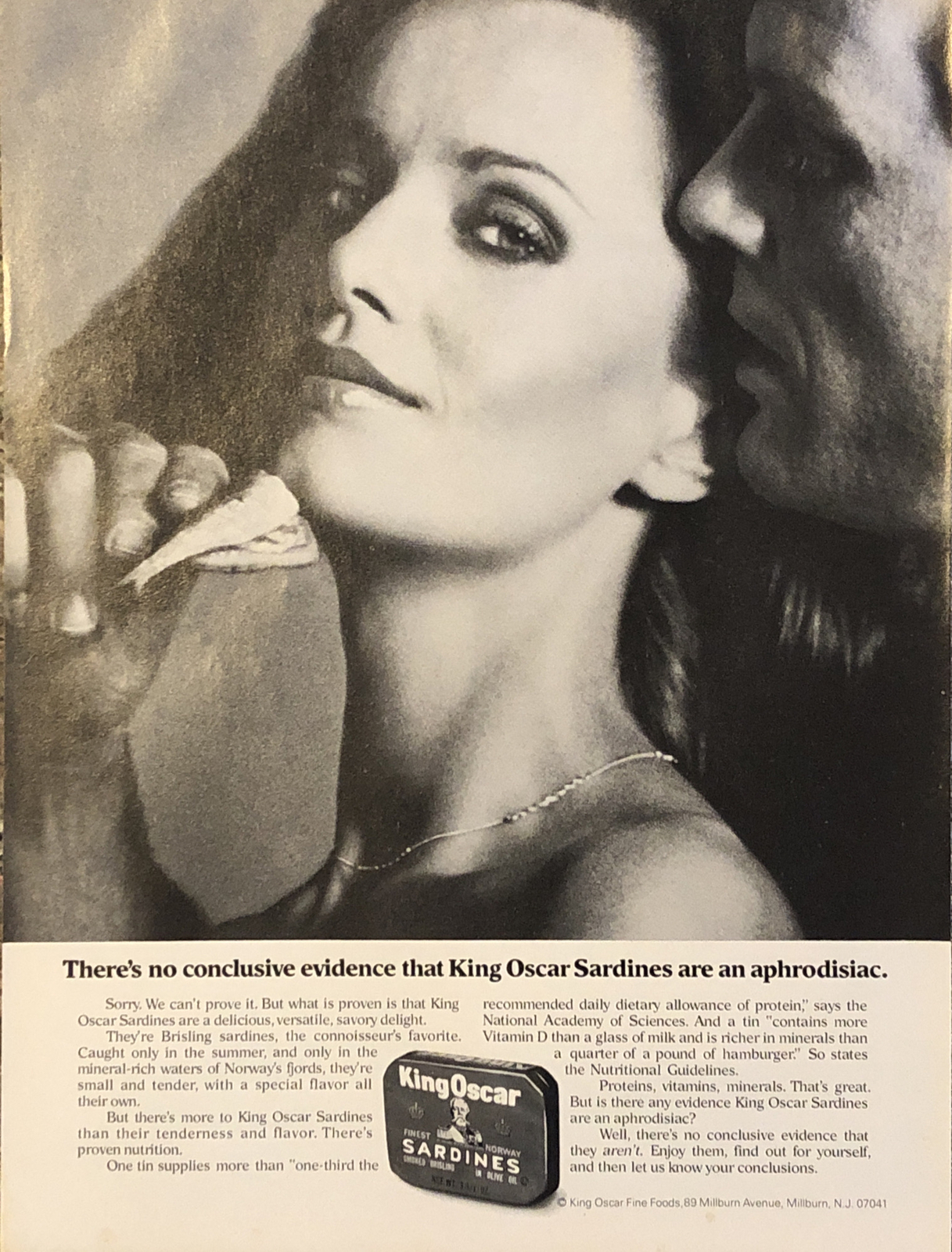 1979 King Oscar Sardines PRINT AD No Conclusive Evidence Aphrodisiac VTG 1970s 1979 King Oscar Sardines PRINT AD No Conclusive Evidence Aphrodisiac VTG 1970s