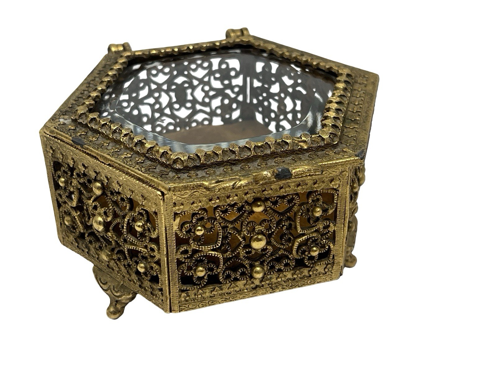 Vintage Filigree Ormolu Beveled Glass Jewelry Casket Trinket Box 6 Sided Vintage Filigree Ormolu Beveled Glass Jewelry Casket Trinket Box 6 Sided