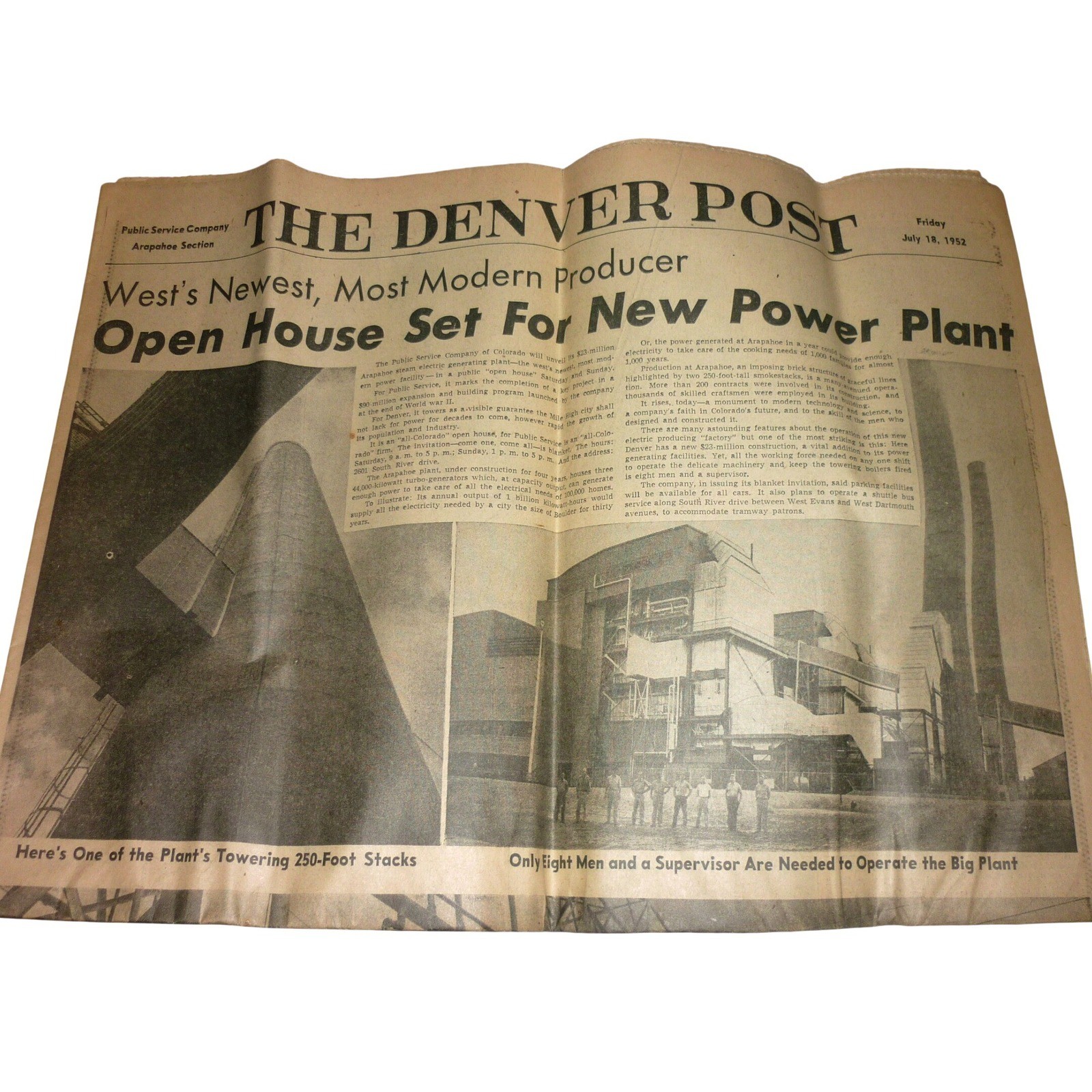 Vintage 1952 Denver Post Newspaper Arapahoe Steam Electric Station Power Plant