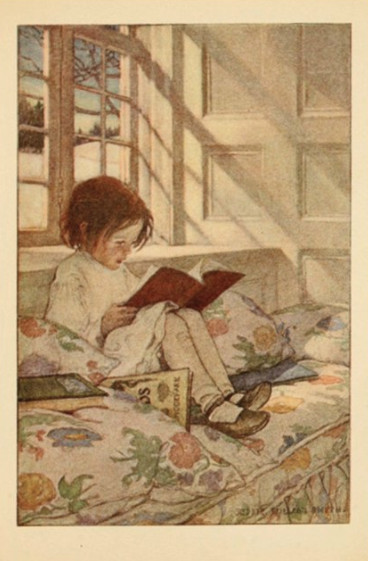 Repro Postcard: Little Girl Reads Book in Window Seat - Snow / Winter Repro Postcard: Little Girl Reads Book in Window Seat - Snow / Winter