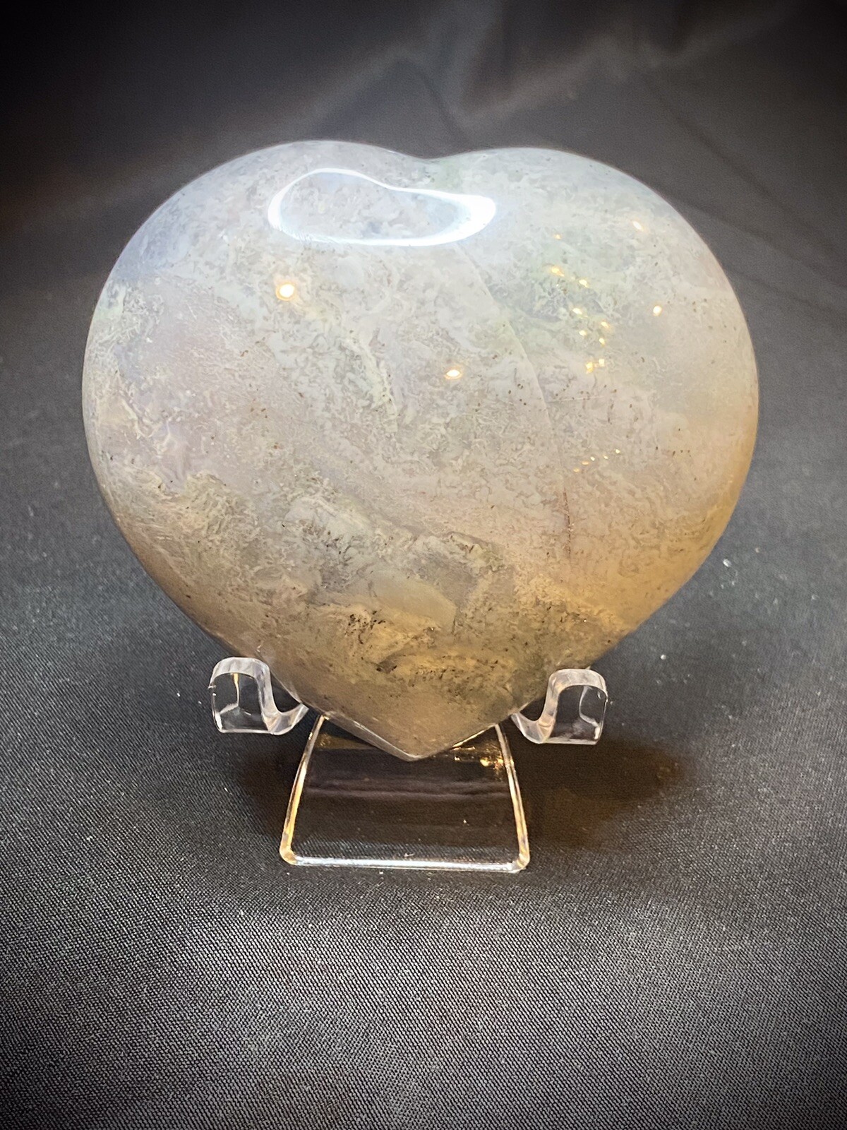 Blue Moss Agate Heart With Stand 230 Grams
