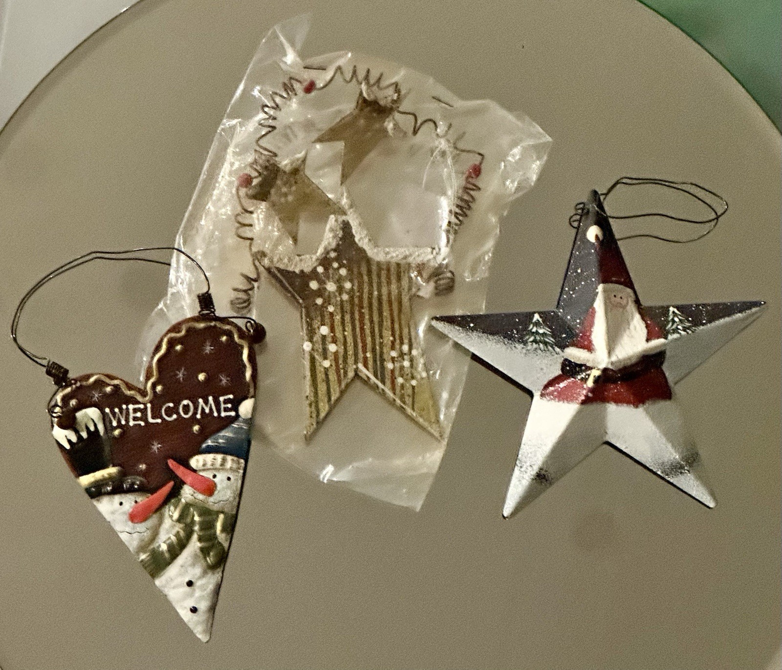 Vintage Three Piece Lot of Christmas Ornaments-Metal & Star Heart Hand Painted Vintage Three Piece Lot of Christmas Ornaments-Metal & Star Heart Hand Painted
