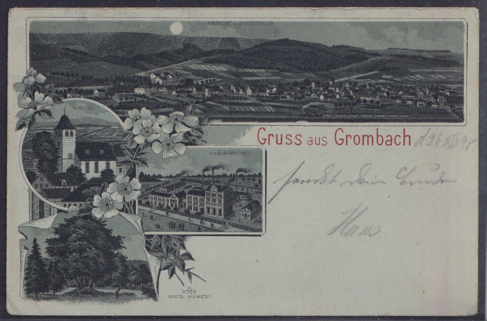 76989) Moonlight Litho Postcard Greetings from Grombach Krombach Siegen Brewery 1895 76989) Moonlight Litho Postcard Greetings from Grombach Krombach Siegen Brewery 1895