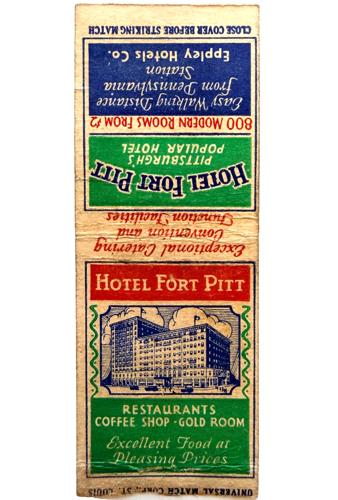 1940s Hotel Fort Pitt Pittsburgh PA Matchbook Cover Restaurants Coffee Shop