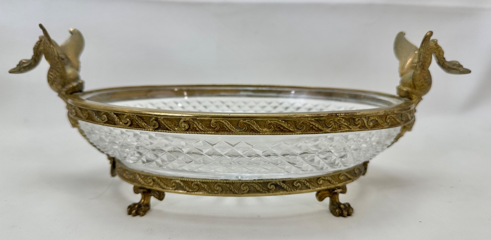 Antique French Bronze Diamond Cut Crystal Oval Centerpiece Swan Handles Baccarat Antique French Bronze Diamond Cut Crystal Oval Centerpiece Swan Handles Baccarat