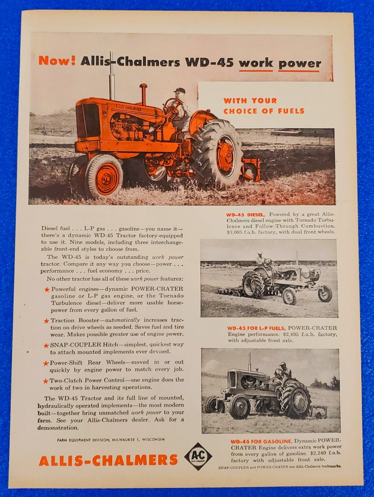 1953 Allis Chalmers WD45 Tractor Classic Old School Choice Of Fuel Farm Print Ad 1953 Allis Chalmers WD45 Tractor Classic Old School Choice Of Fuel Farm Print Ad