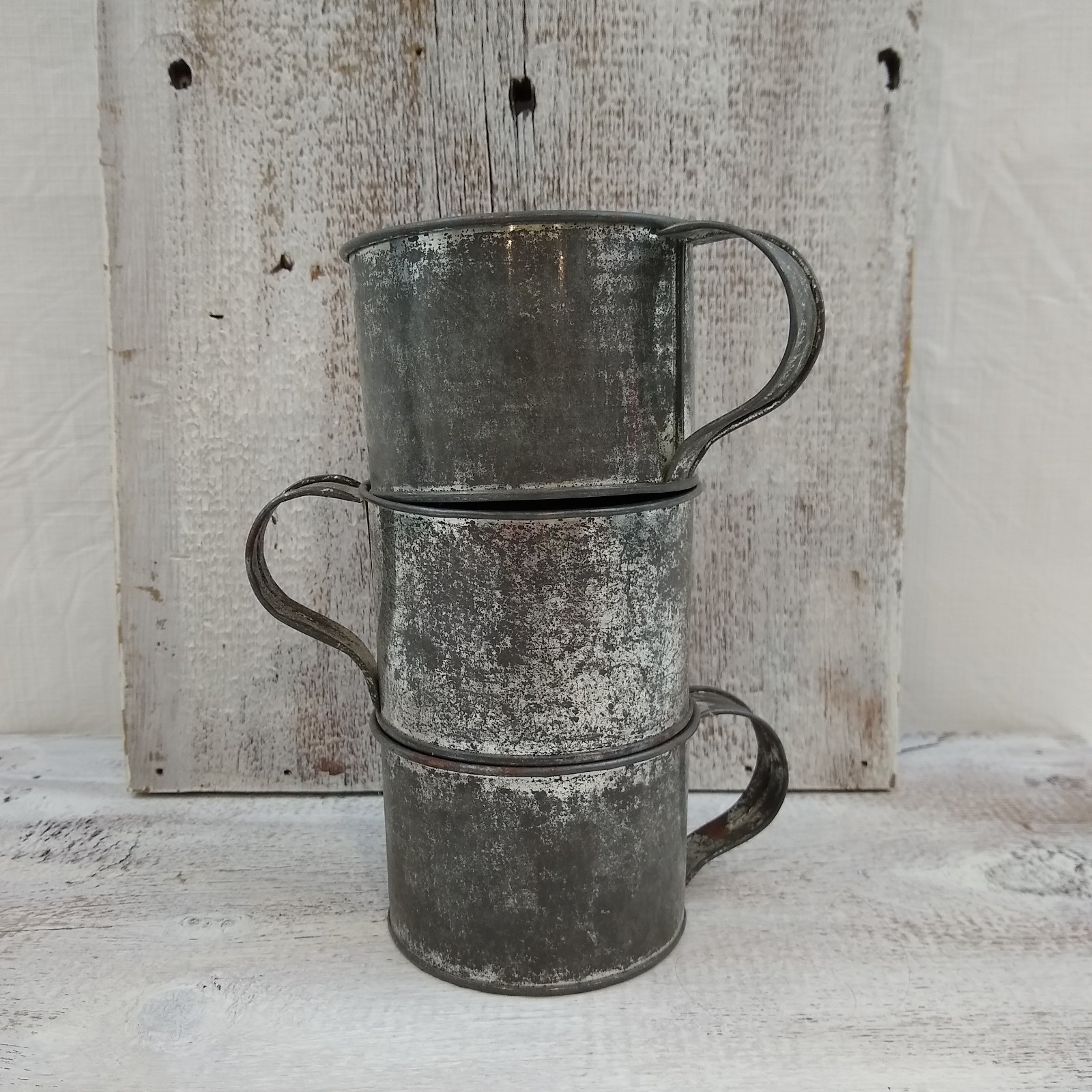 3 Antique Vintage Tin Metal Drinking Cups Rusty Weathered Patina Primitive