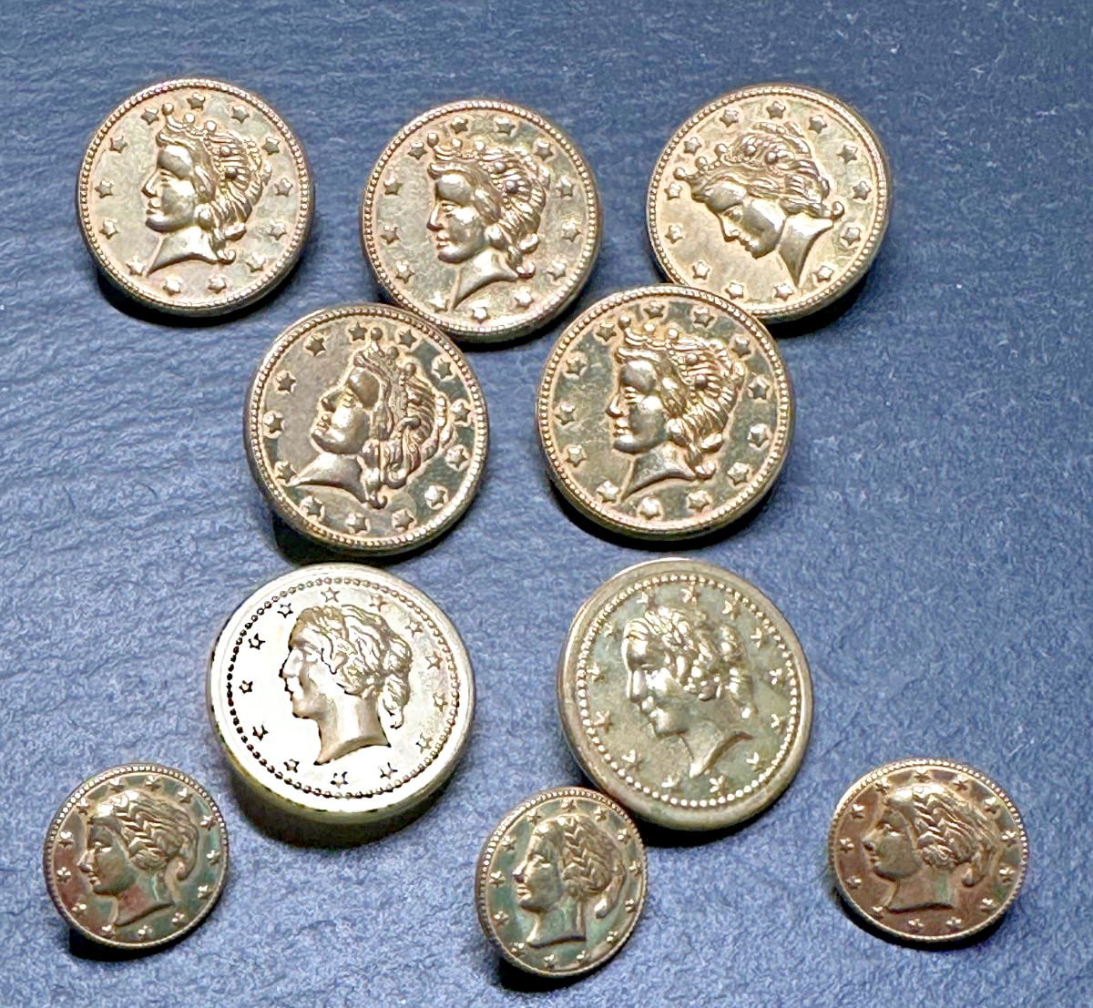 VINTAGE ROUND METAL "LIBERTY HEAD" & "BRAIDED HAIR" US CENT REPLICA BUTTONS I60