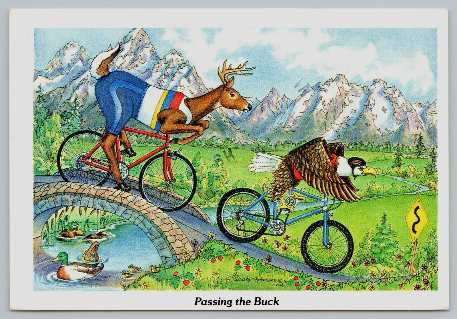 Postcard Passing The Buck by Artist Leslie Drake-Robinson Bicycle Race 6X4 A10