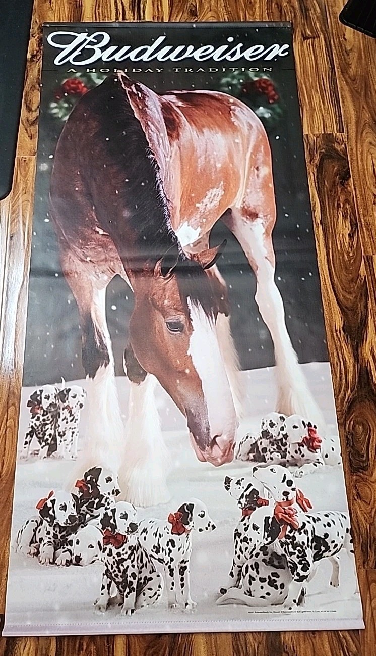 2001 LG 2 Sided Budweiser Christmas Banner Sign 70" x 32" Clydesdale Dalmatians 2001 LG 2 Sided Budweiser Christmas Banner Sign 70" x 32" Clydesdale Dalmatians
