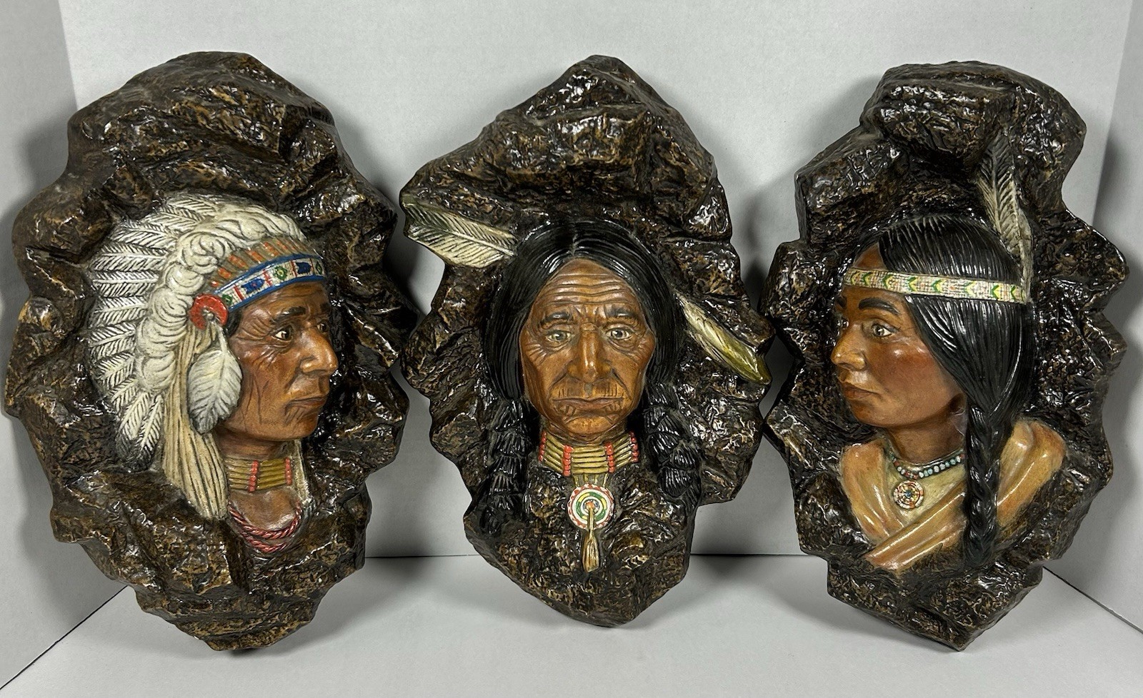 VTG Set of 3 Ceramic Native American Indian 3D Wall Plaques Chief Princess 1979 VTG Set of 3 Ceramic Native American Indian 3D Wall Plaques Chief Princess 1979