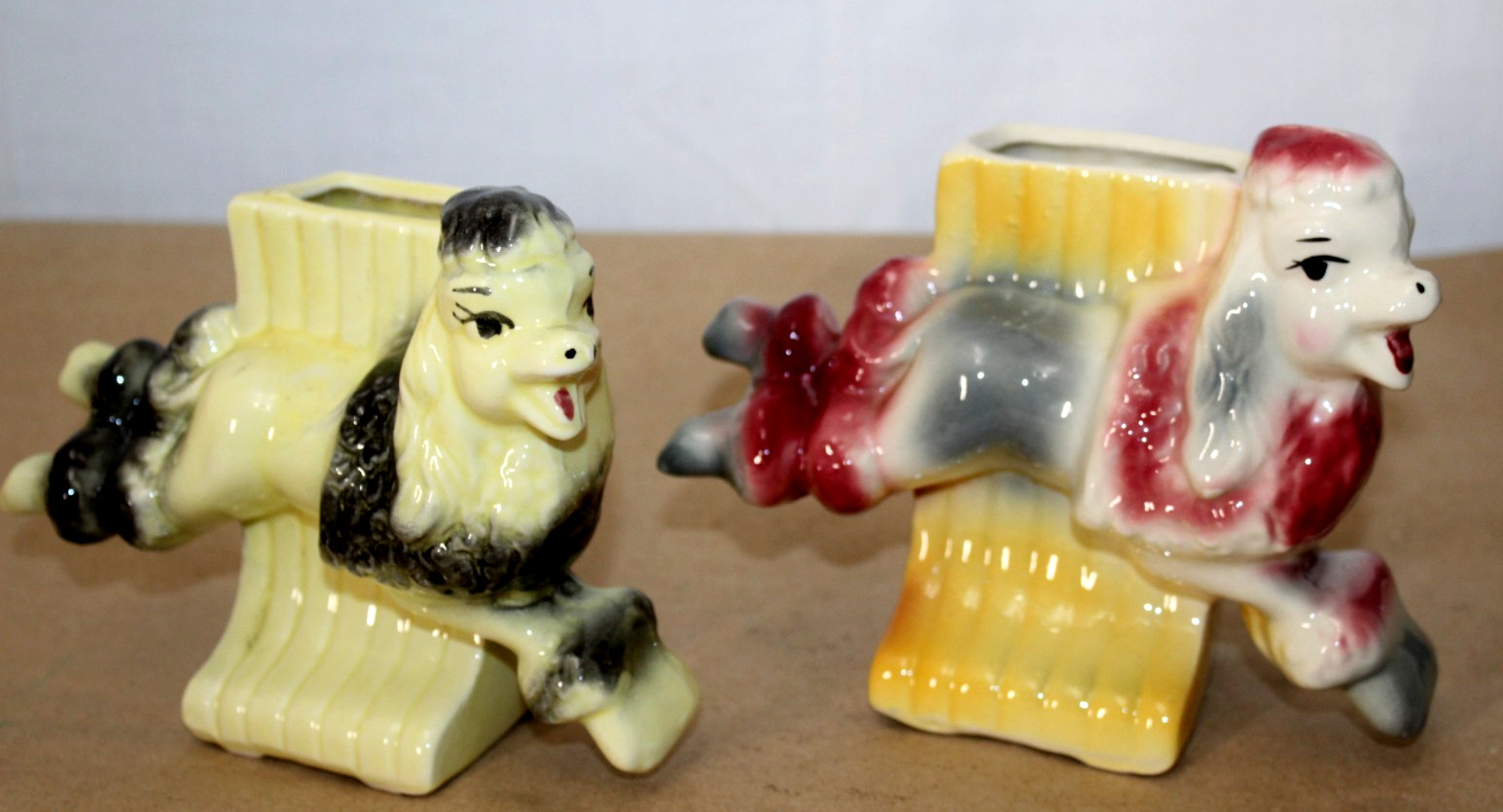 2 Vintage Mid-Century O.P. Co. Leaping Poodle Vase Planters Two-Toned Glaze 2 Vintage Mid-Century O.P. Co. Leaping Poodle Vase Planters Two-Toned Glaze