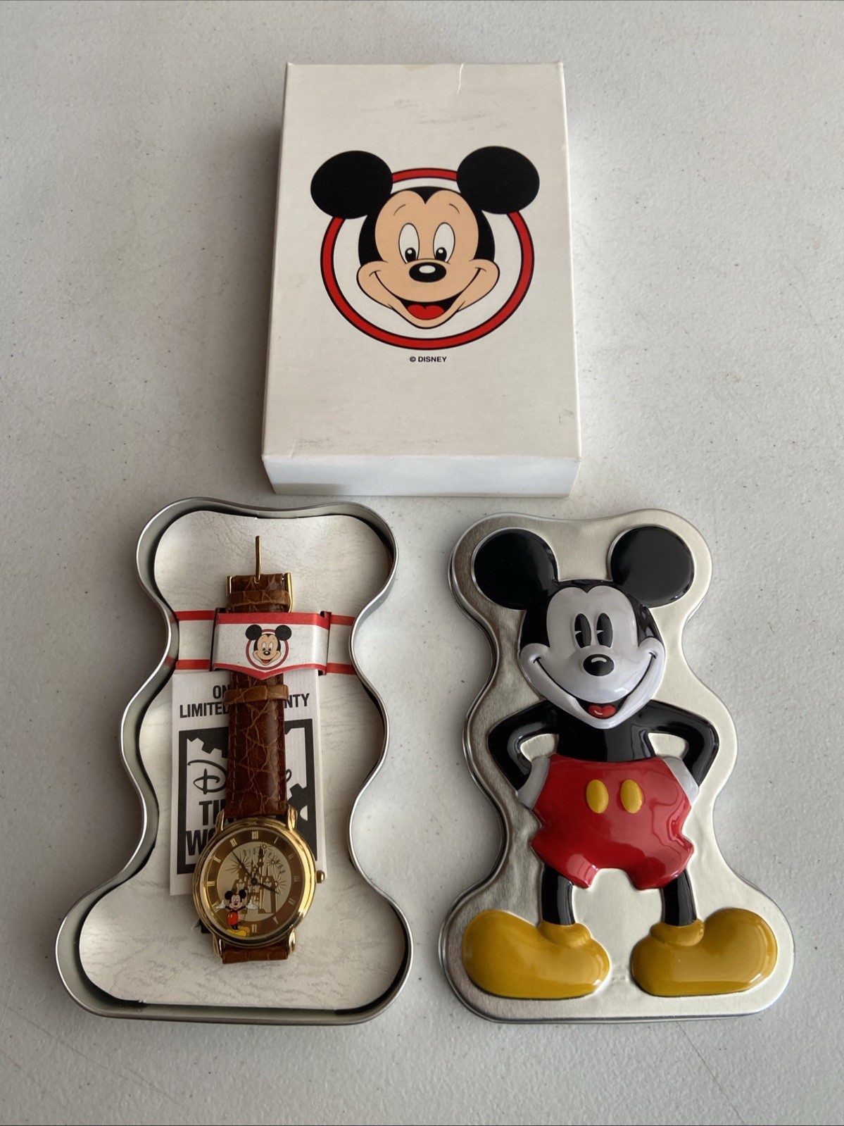 Vintage 1990s Disney Time Works Mickey Mouse 3D Castle Watch With Tin Vintage 1990s Disney Time Works Mickey Mouse 3D Castle Watch With Tin