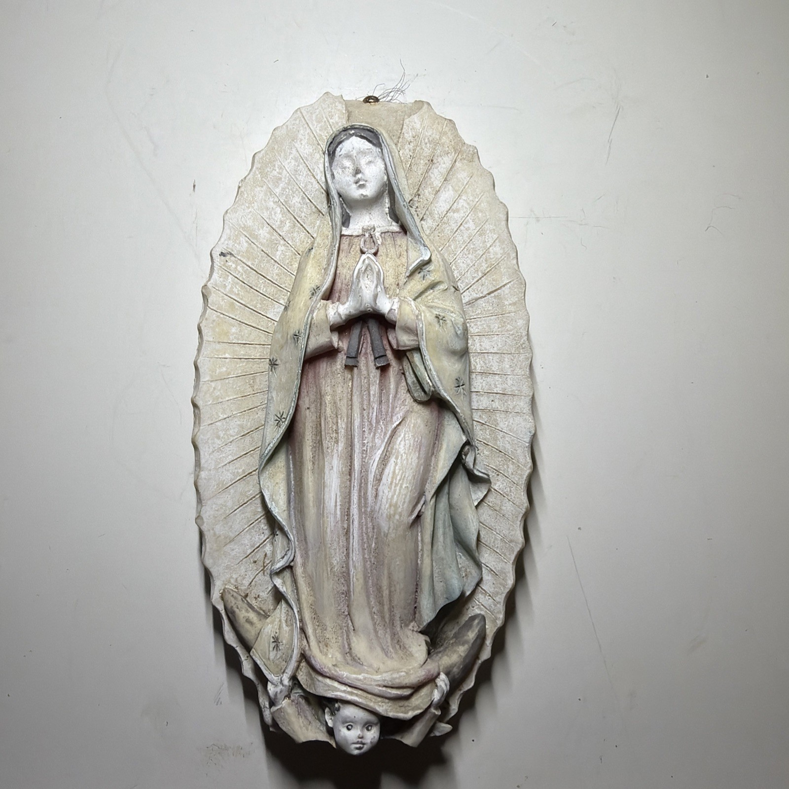 Vintage Our Lady of Guadalupe Wall Plaque, Chalkware Angel at Feet, 5” Hanging, 
