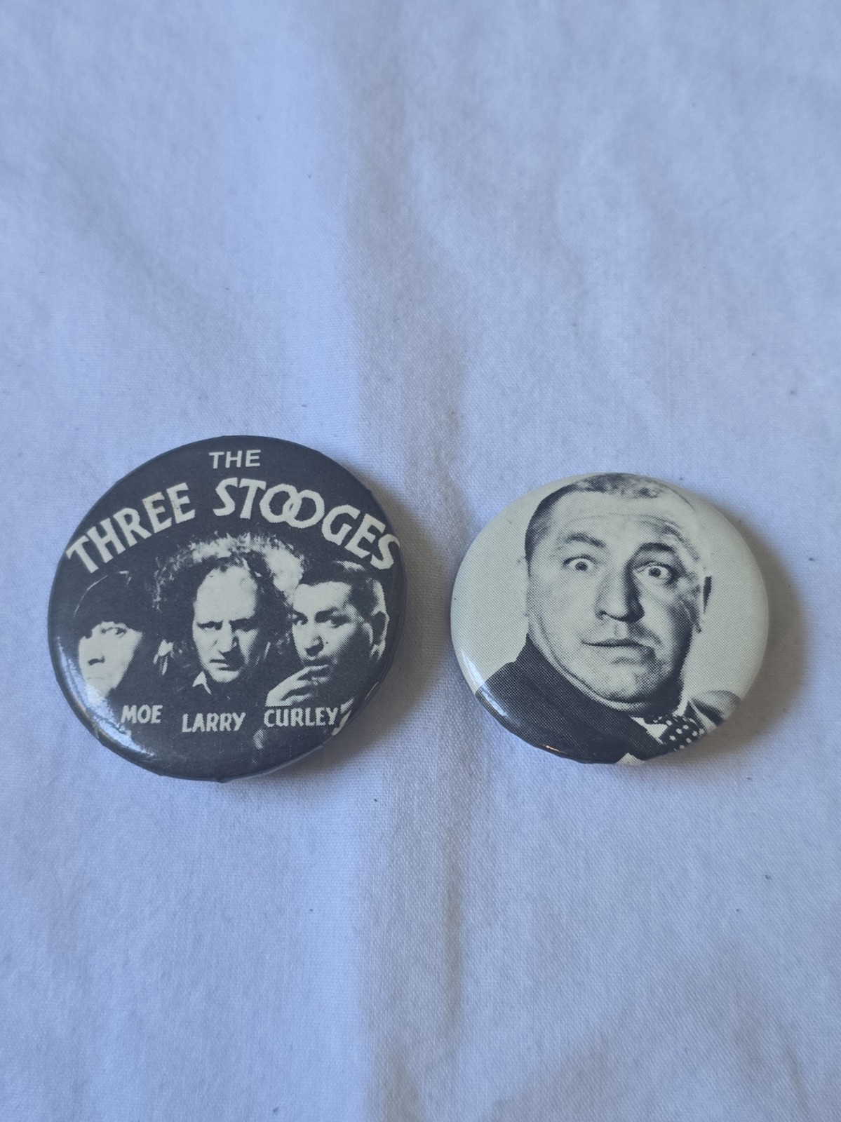 2 Vintage 1980s Three Stooges Pinback Buttons 2 Vintage 1980s Three Stooges Pinback Buttons