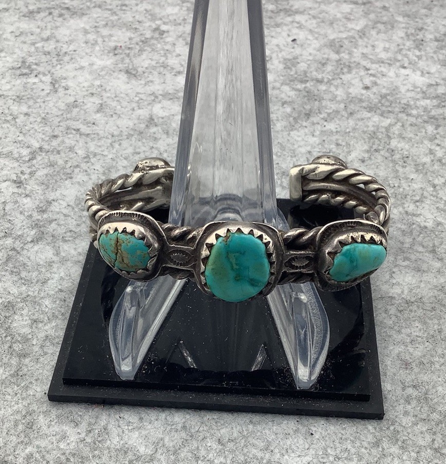 Vintage Navajo Native Turquoise Twist Silver Cuff Bracelet 7”/13” 49.04g✨